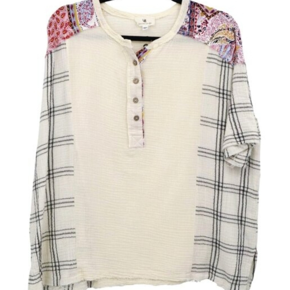 Urban Daizy Plaid Gauze Top Women M Ivory Boho Hippie Coastal Artsy Unique Beach